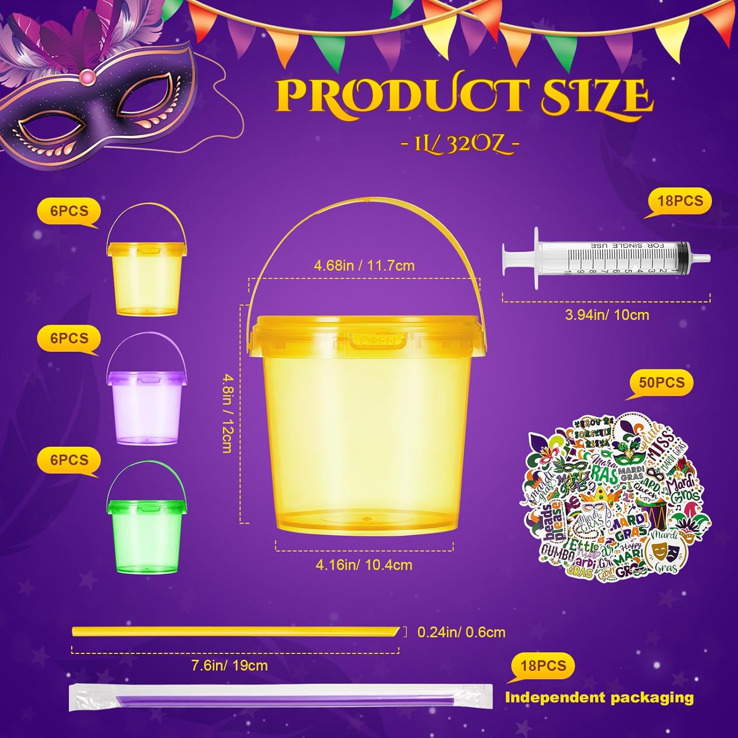 Funnymoom 18 Pack 32 oz Mardi Gras Plastic Rum Buckets for Drink with Straws Beverage Syringes Stickers Carnival Snacks Beer Cocktail Bucket with Lids and Handles Reusable Food Containers for Parties