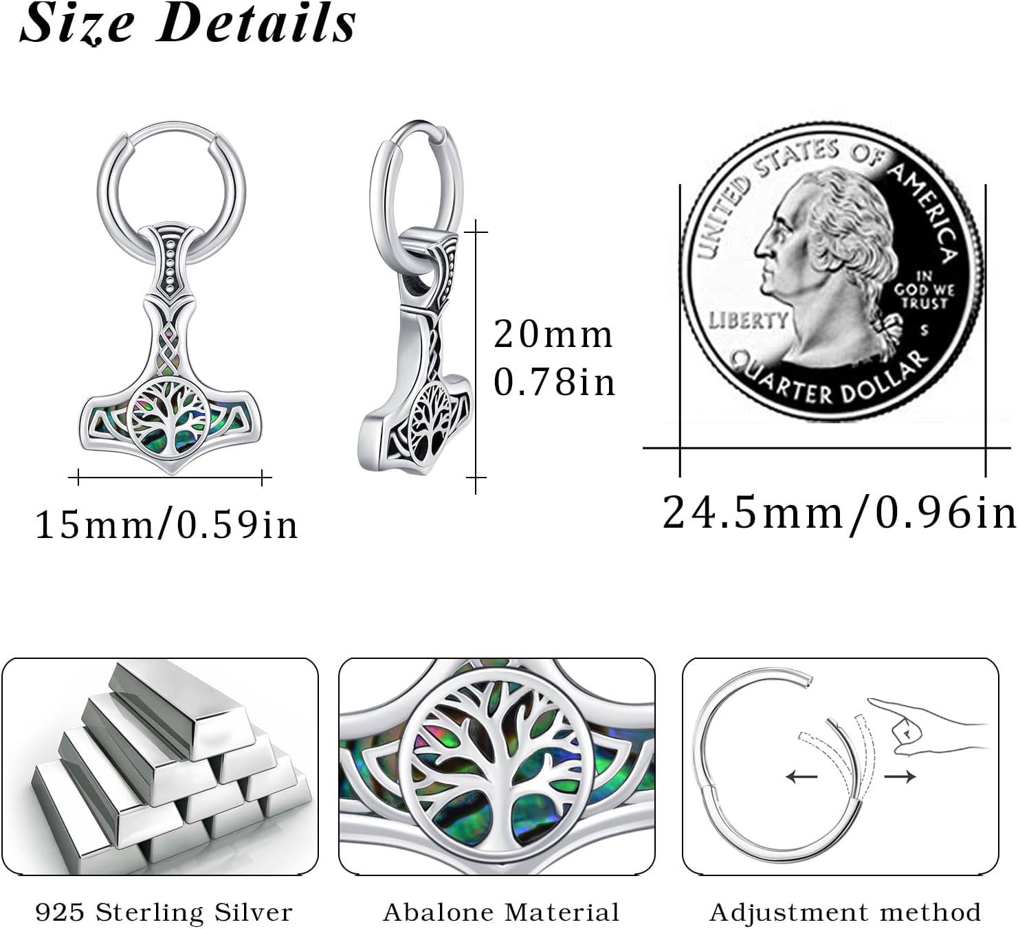 Viking Earrings 925 Sterling Silver Mjolnir/Cross/Wolf/Tree of Life/Valknut/Vegvisir Hoop Stud Earrings Abalone Crystal Jewelry for Men Women