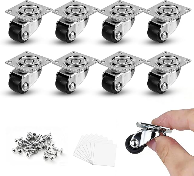 1/2 Inch Mini Caster Wheels Set of 8, Low Profile Self Adhesive Plate Casters, 360° Swivel Little Nylon Wheels for Furniture, Kitchen Appliances, Storage Boxes, DIY Small Projects