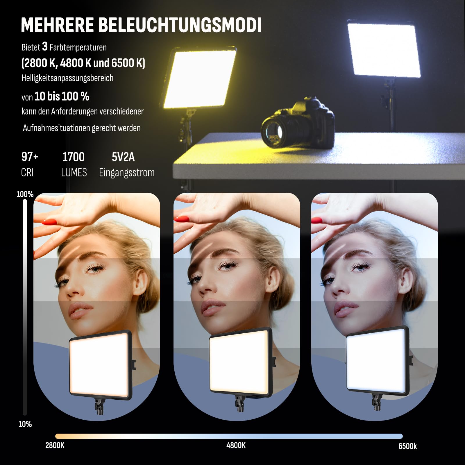 Video Licht Set, 2-Pack 25x20 cm 15 W LED Studio Fotolicht, Dimmbares 2800–6500K Kamera Licht für Video/Streamen von Selfies/Porträts im Innenbereich, Licht mit 160cm Stativ/TypC Adapter (2-Pack)