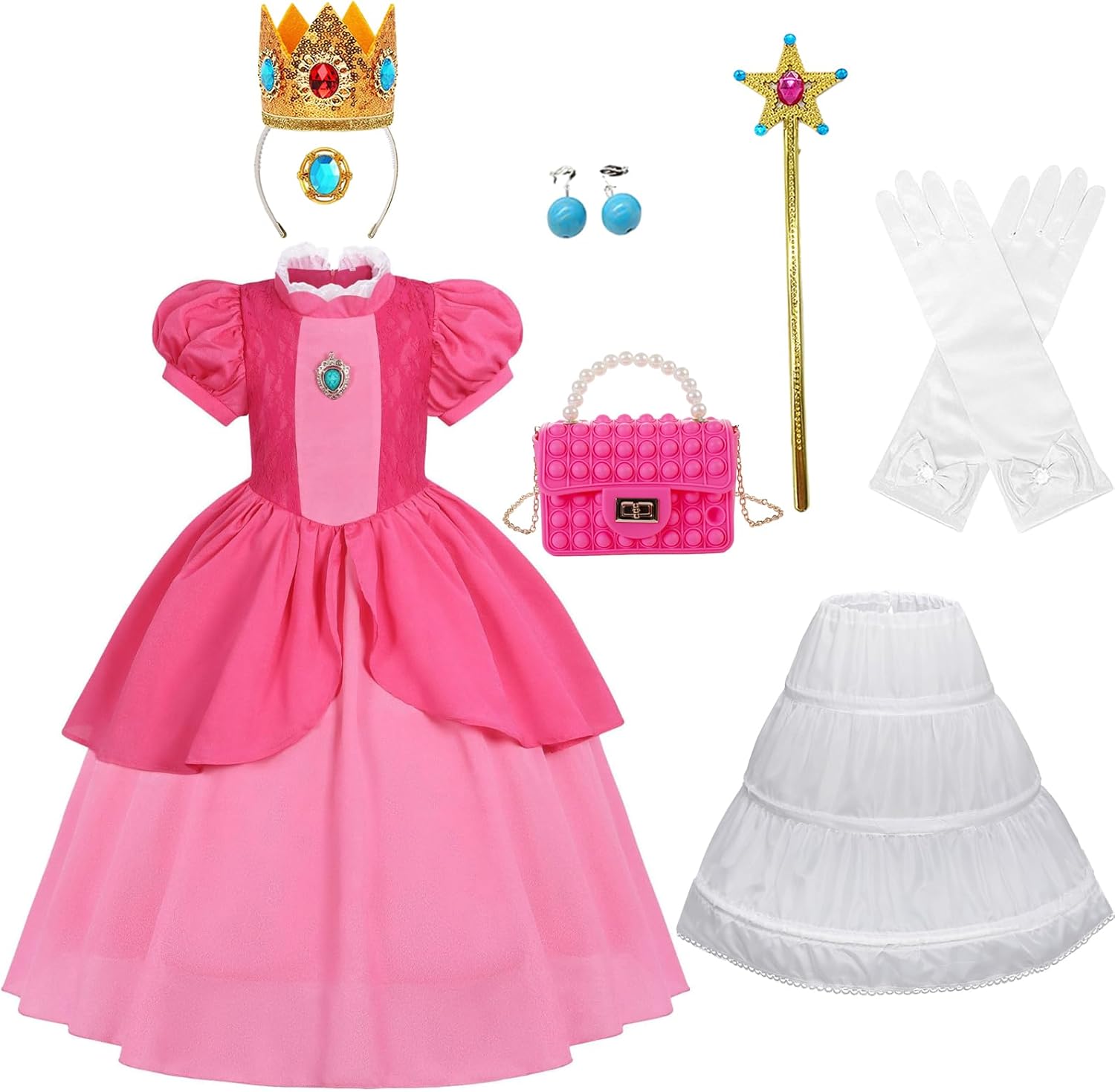 Girls Princess Costume Dress with Crown Gloves Wand Handbag, Funny Kids Video Game Theme Party Halloween Outfits