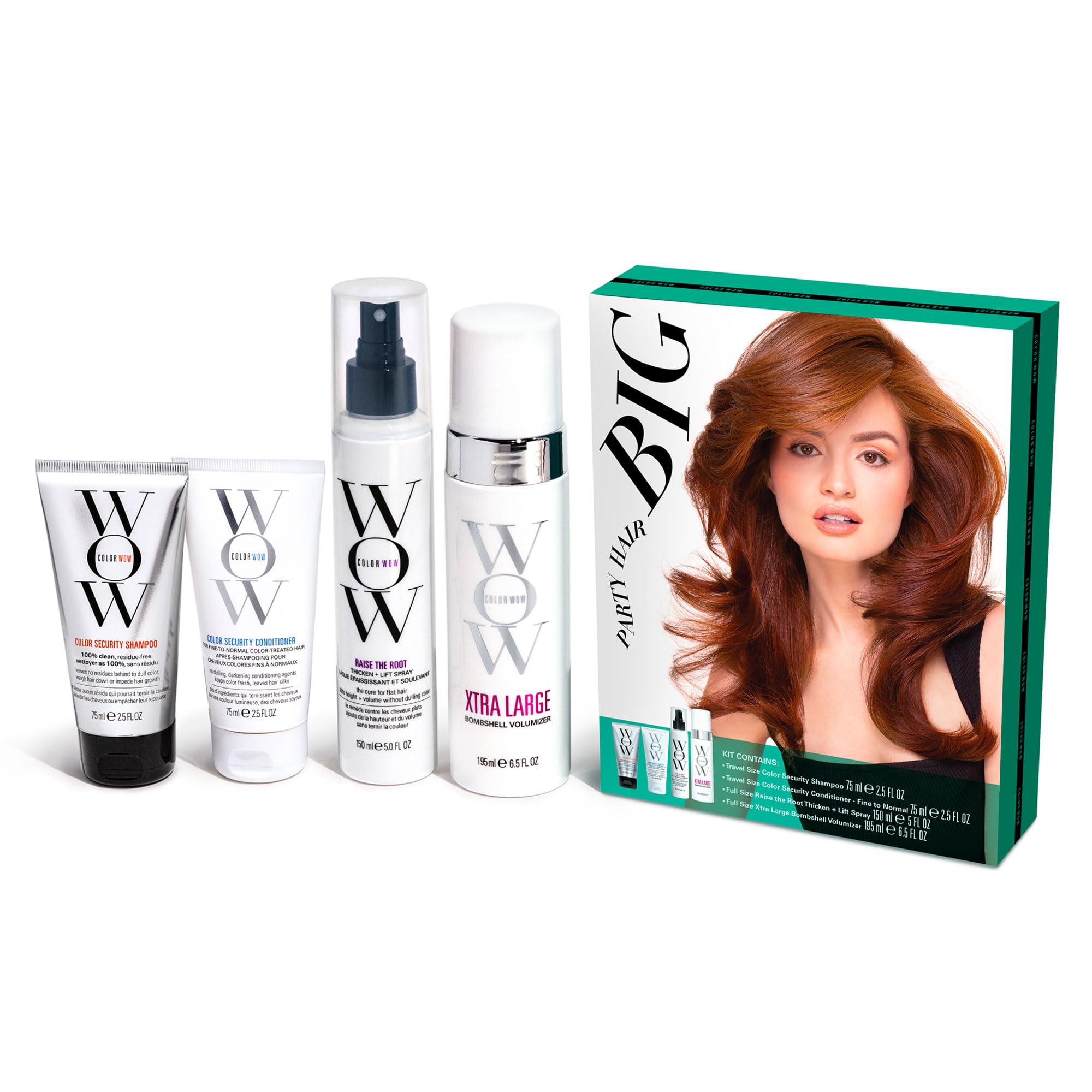 COLOR WOW Volume Party Kit; Xtra Large Bombshell Volumizer 195ml, Raise The Root Thicken + Lift Spray 150ml, Color Security Shampoo 75ml, Color Security Conditioner 75ml