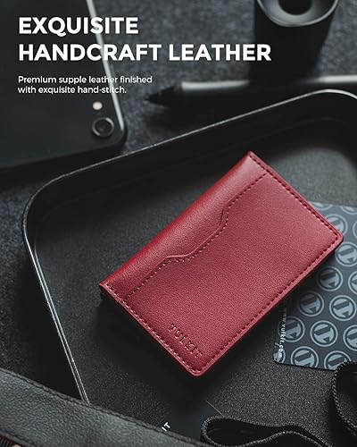 Miniatura 6 de VULKIT Cartera delgada desplegable para mujer, soporte minimalista para tarjetas de crédito con ranuras de cuero, cartera bifold metálica con