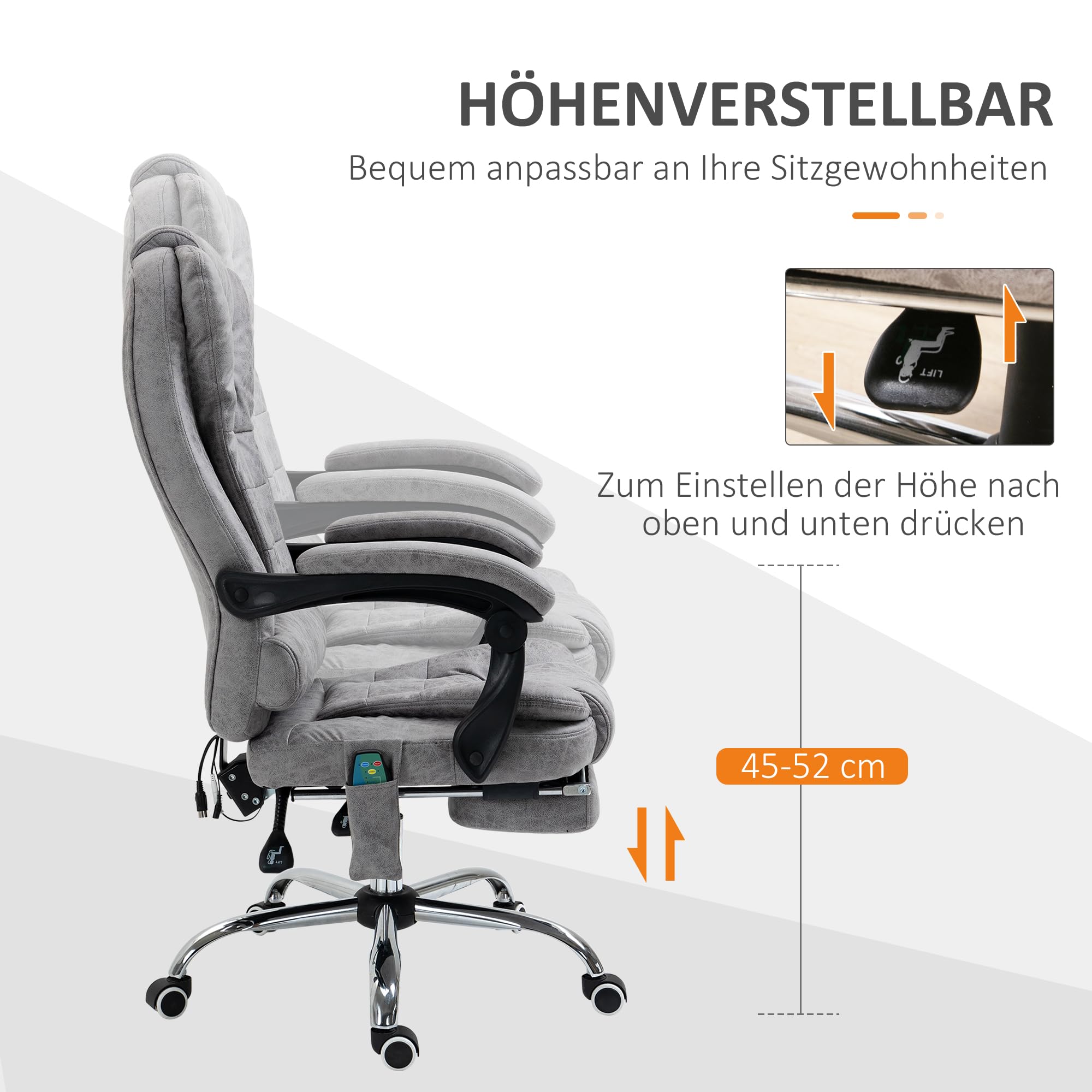 Vinsetto Bürostuhl mit Massagefunktion, Ergonomisch Schreibtischstuhl mit Liege- & Wärmefunktion, Fußstütze, Höhenverstellbar Computerstuhl mit Seitentasche und Fernbedienung, Mikrofaser, Grau