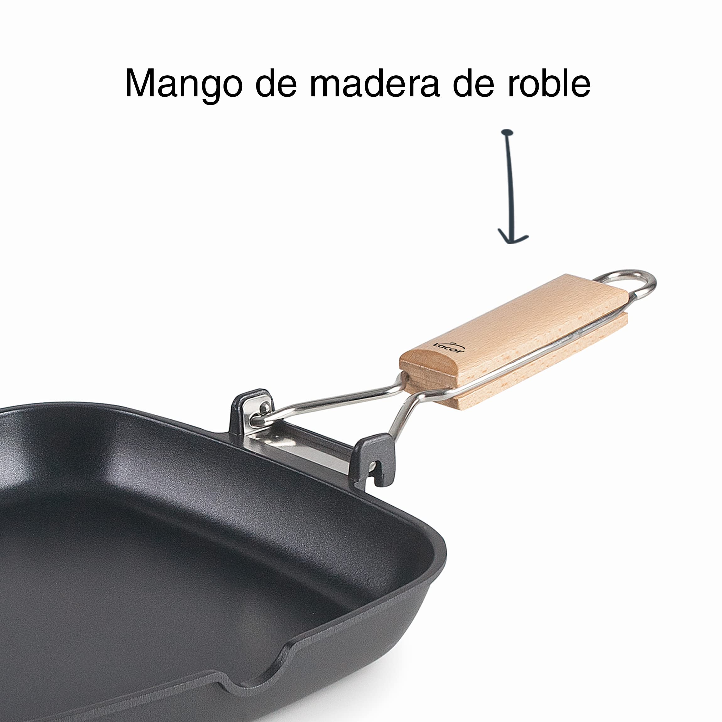 Lacor - 25158 - Gładka Patelnia Z Odlewu Aluminiowego, Podwójna Warstwa Nieprzywierająca, Składany Uchwyt Z Drewna Dębowego, Pełny Spód Indukcyjny, Nadaje Się Do Indukcji, 28 X 28 X 3,8 Cm, Czarny