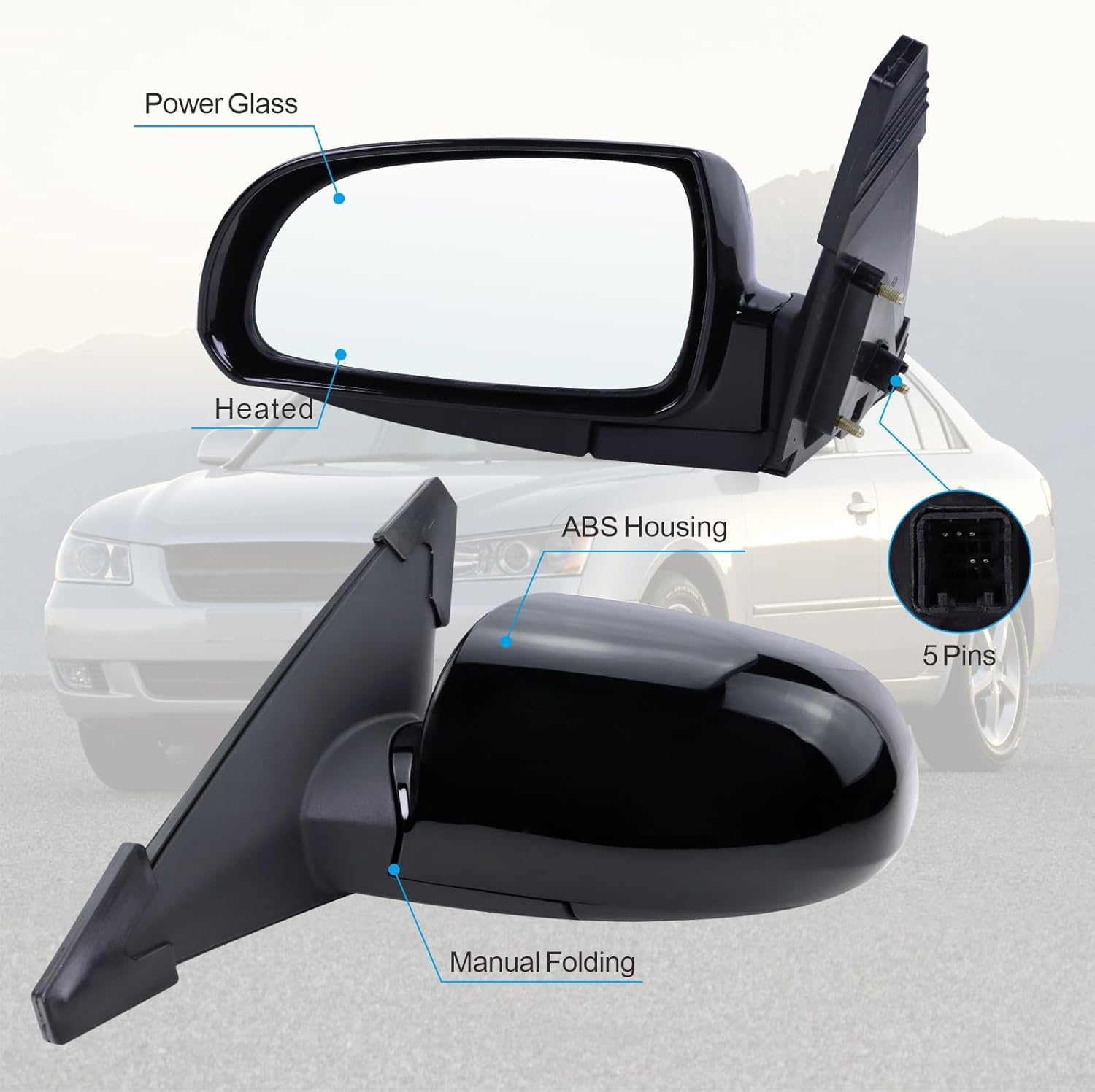 Left Driver Side Mirror Compatible with 2006 2007 2008 2009 2010 Hyundai Sonata With Power Glass Manual Folding Heated Black Replace#87610-0A000(5Pins)
