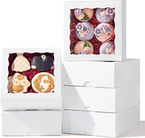 Miniatura 8 de JCXGRVC 55 cajas de panadería de 6 x 6 x 2.5 pulgadas con ventana, cajas de galletas pequeñas para tartas, cajas de macarrones, cajas para tartas,