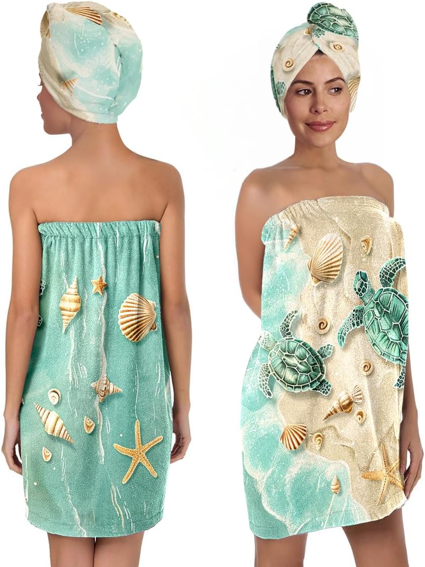 Sea Turtle Bath Wrap Set with Hair Turban, Absorbent Microfiber Spa Towel Wrap, Seashell and Starfish Design Towel Robe for Women