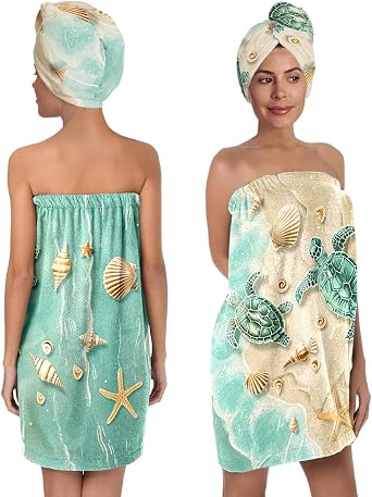 Sea Turtle Bath Wrap Set with Hair Turban, Absorbent Microfiber Spa Towel Wrap, Seashell and Starfish Design Towel Robe for Women