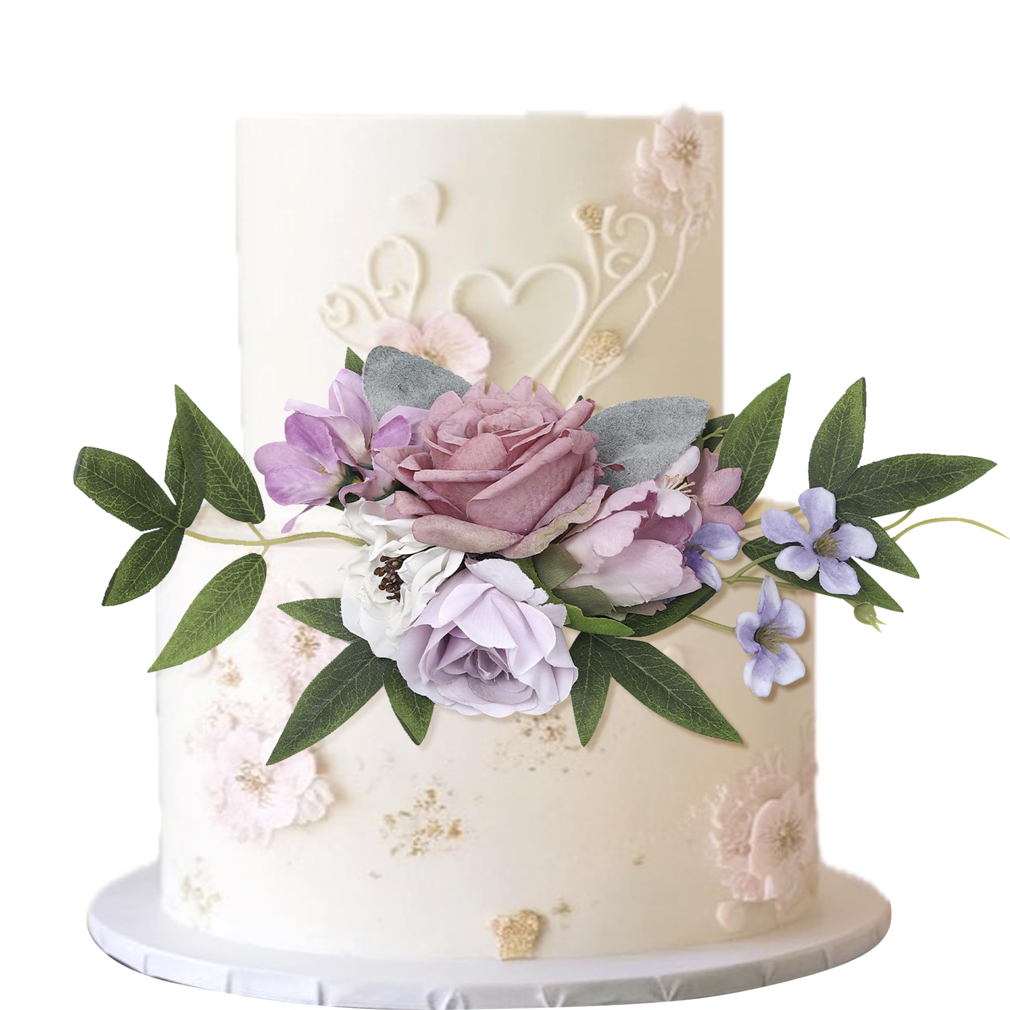 Xsstarmi 1 Pack Assembled Artificial Flowers Cake Topper Decoration Artificial Leaves Fake Flowers Purple Rose Cake Pick for Wedding Birthday Valentine's Day Party DIY Cake Decorations Supplies