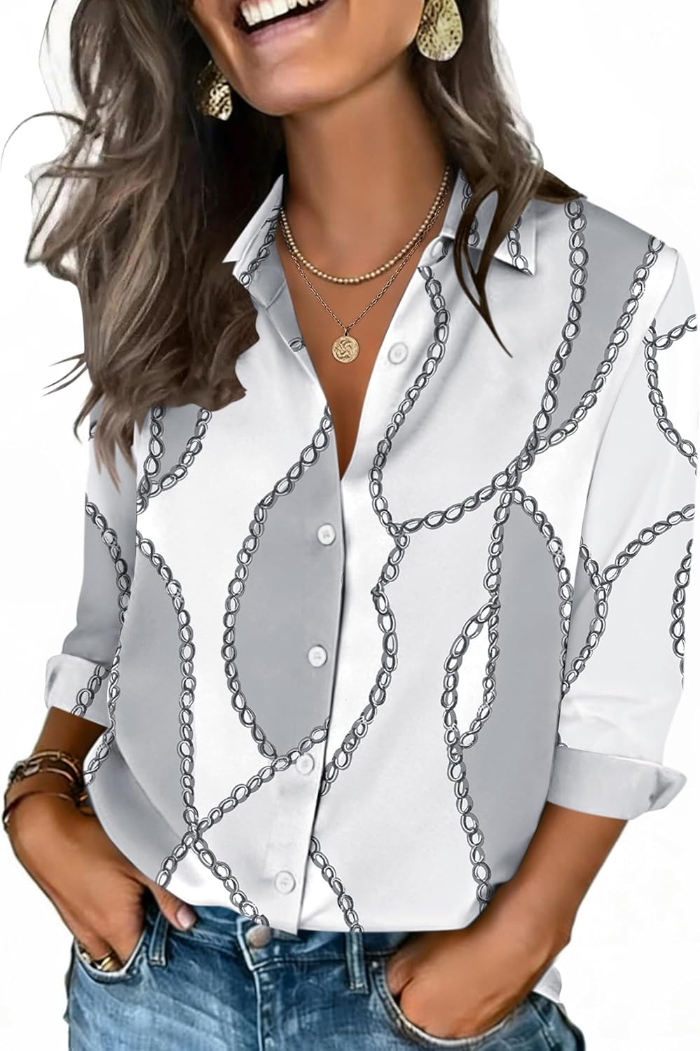 Zeagoo Button Down Shirts for Women 3/4 Sleeve Tops V Neck Collared Blouses Business Casual Outfits S-2XL