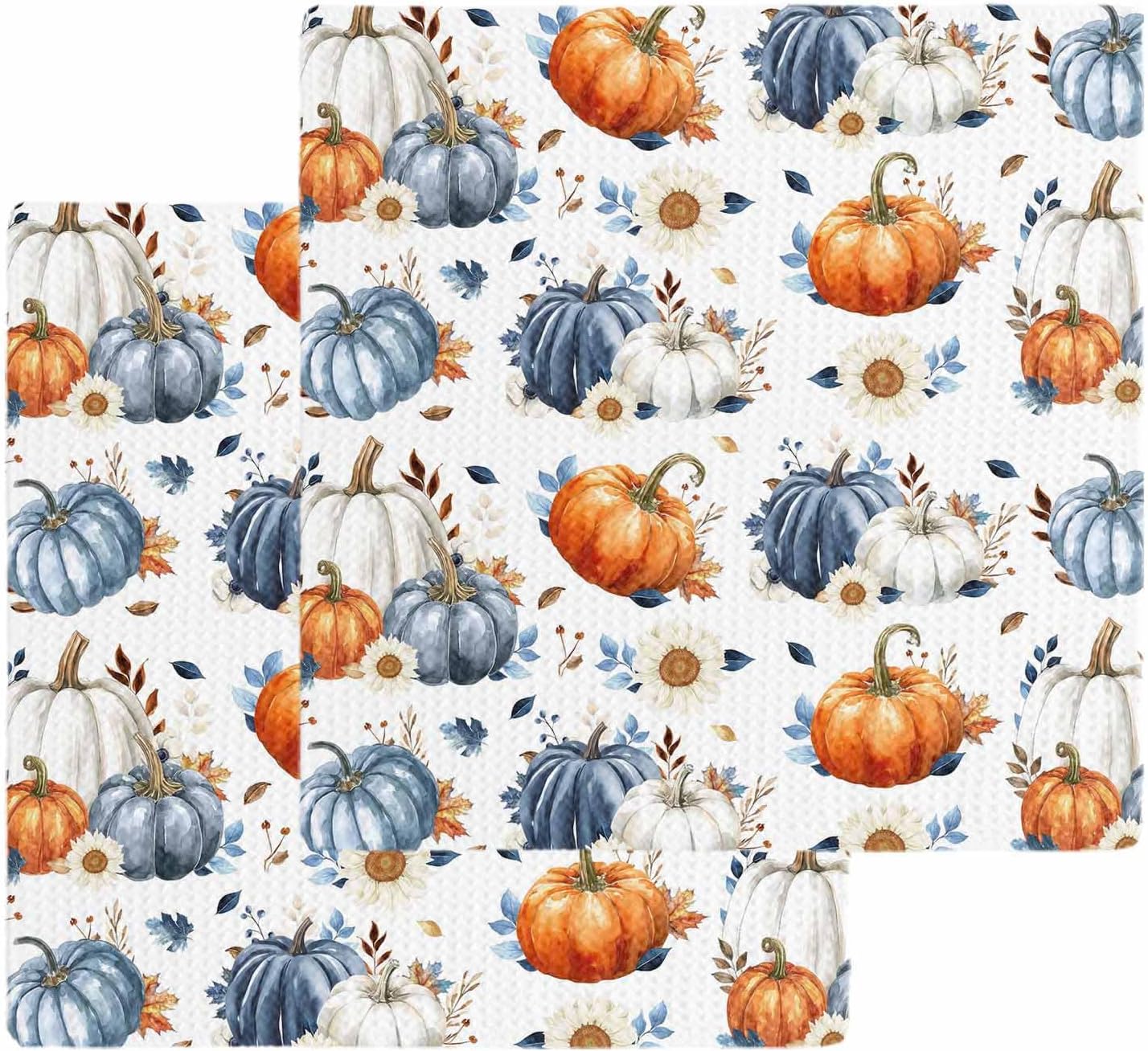 Fall Thanksgiving Pumpkin Dish Towels Waffle Kitchen Towels Set, Watercolor Blue Orange Eucalyptus Absorbent Quick Drying Towel Cleaning Hand Towels for Bathroom 3 Pcs Dish Cloths 12"x12"