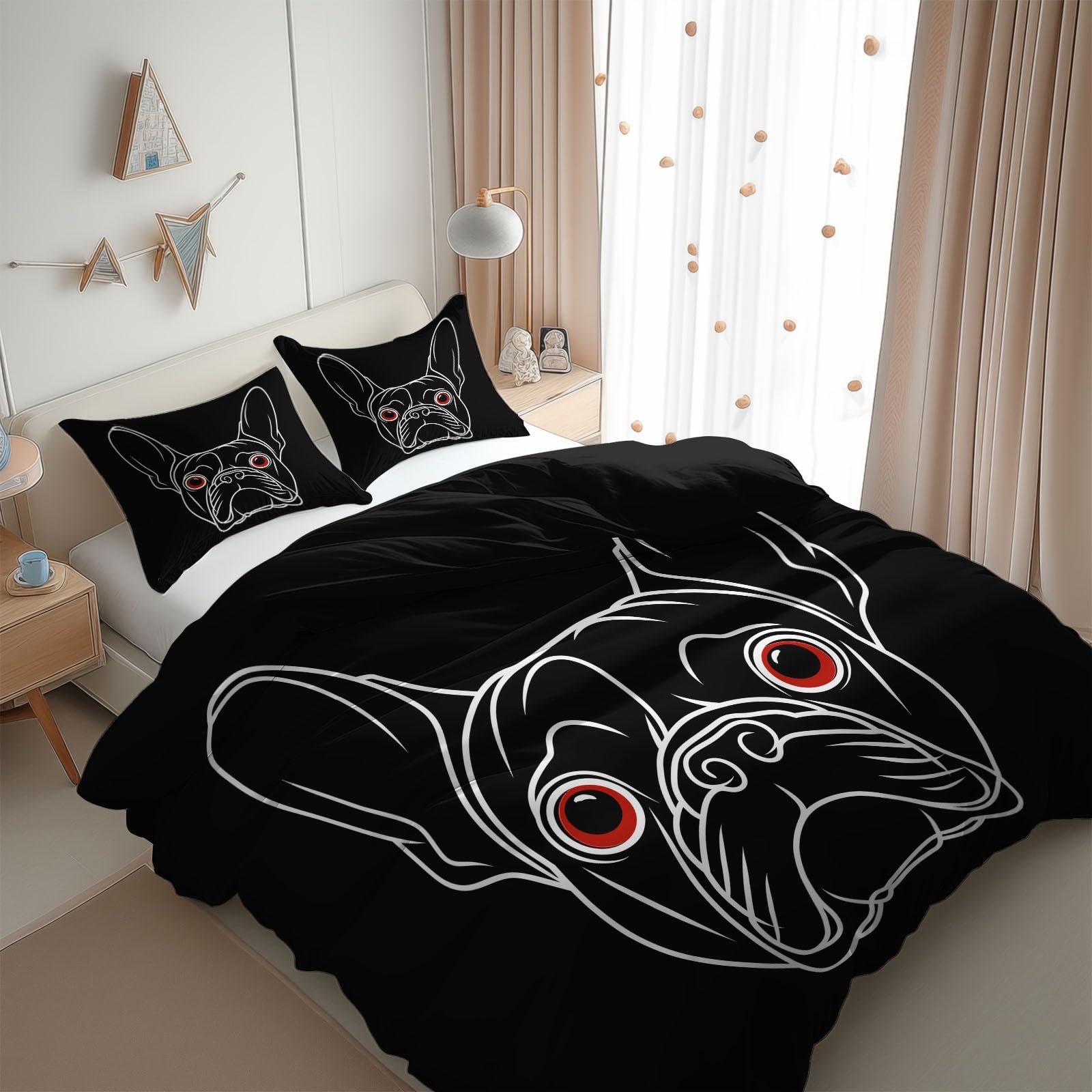 Poszwa na kołdrę 240 x 220 cm czarna dwustronna pościel dla dorosłych z zamkiem błyskawicznym, poszwa na kołdrę 2-osobowa buldog anime minimalistyczne linie, 2 poszewki na poduszki 65x65 cm