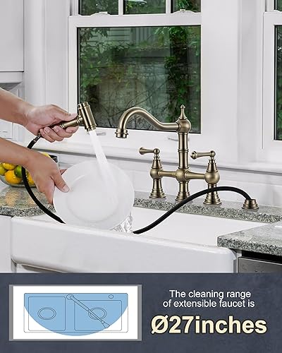 Miniatura 3 de WOWOW Grifo de cocina negro con rociador lateral, grifos de cocina de latón de 4 agujeros para fregadero, 2 manijas de 8 pulgadas, grifo de puente