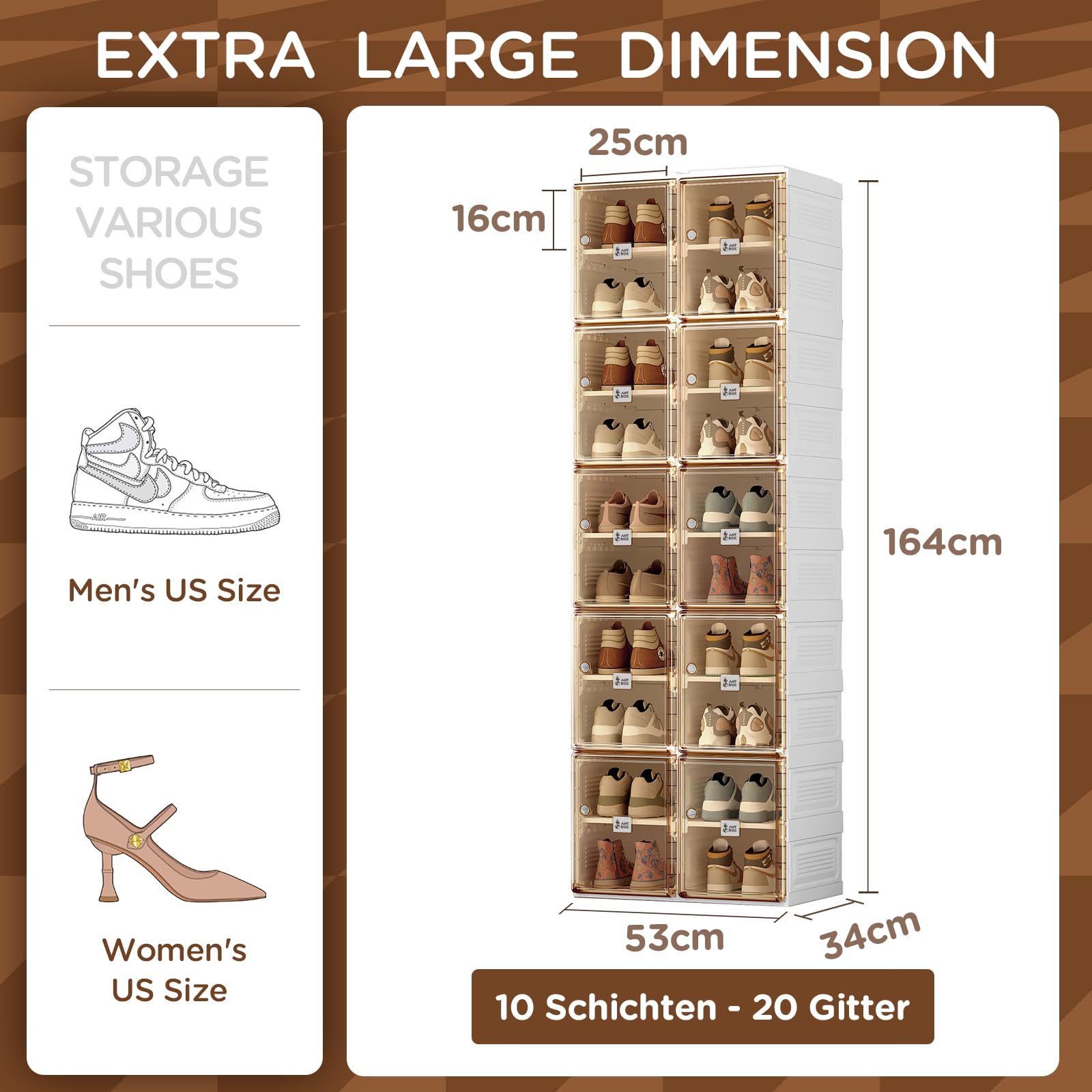 Transparente schuhregal,schuhboxen stapelbar Braun, mit magnetischer Tür, für Stöckelschuhe, Stiefeletten, Pumps