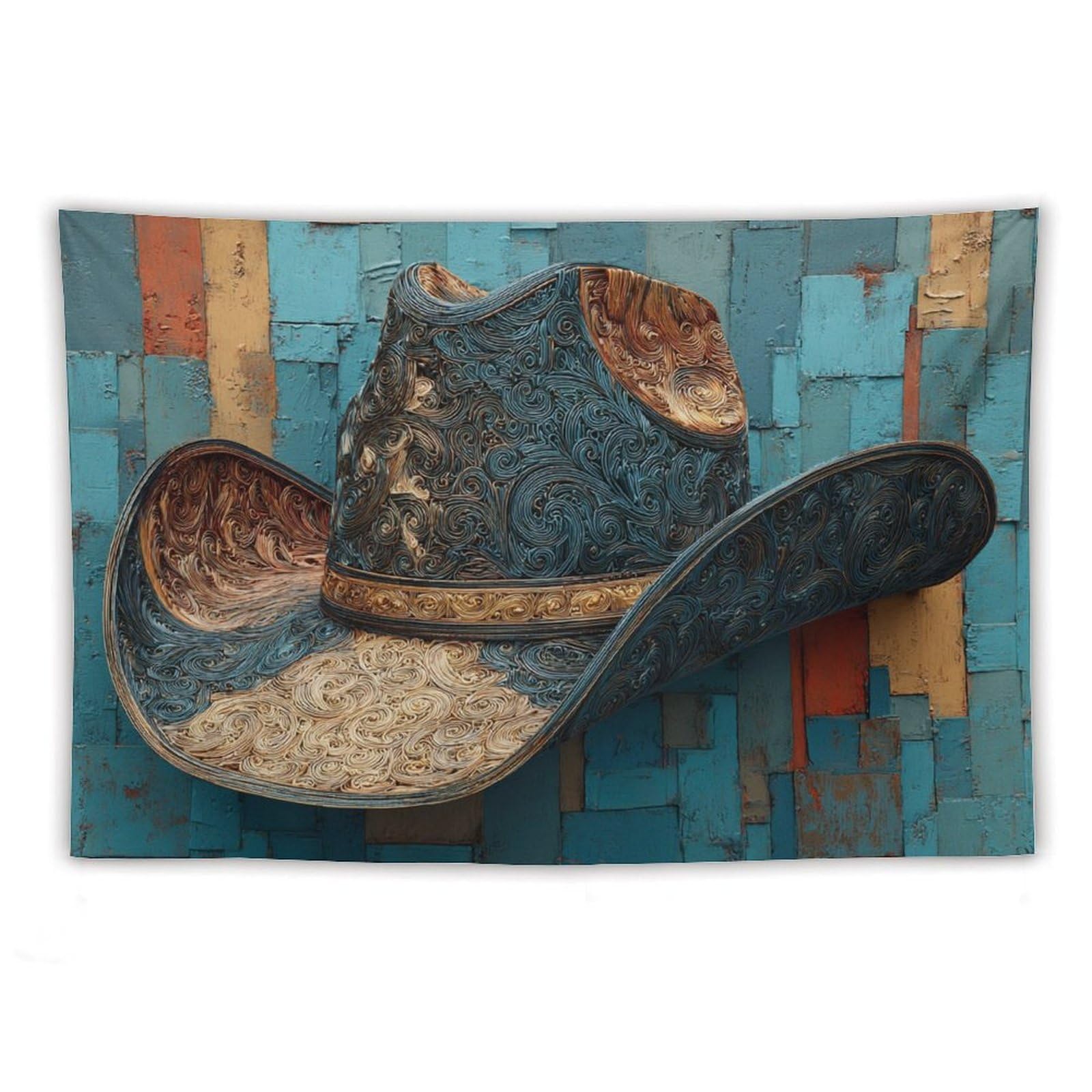 Jubonexis Turquoise Encrusted Cowboy Hat Rustic Tapestry Polyester Aesthetic Wall Hanging Bedroom Living Room Dorm Decor 40"x60"