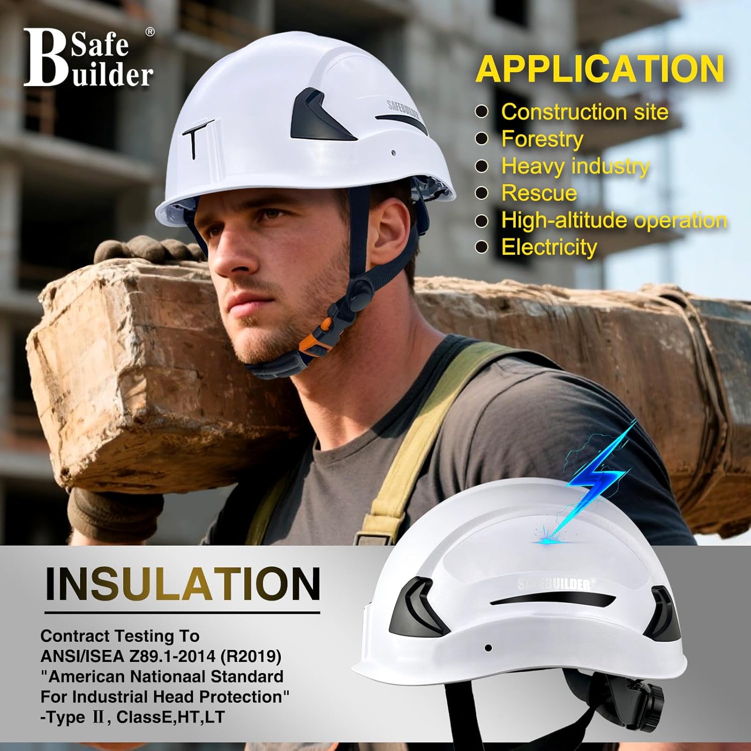 SAFEBUILDER G2E Safety Helmet Type 2 Class E Hard Hats with EPS Foam Liner Lightweight Adjustable Size for Eletrical Construction Rescue Work at Height OSHA