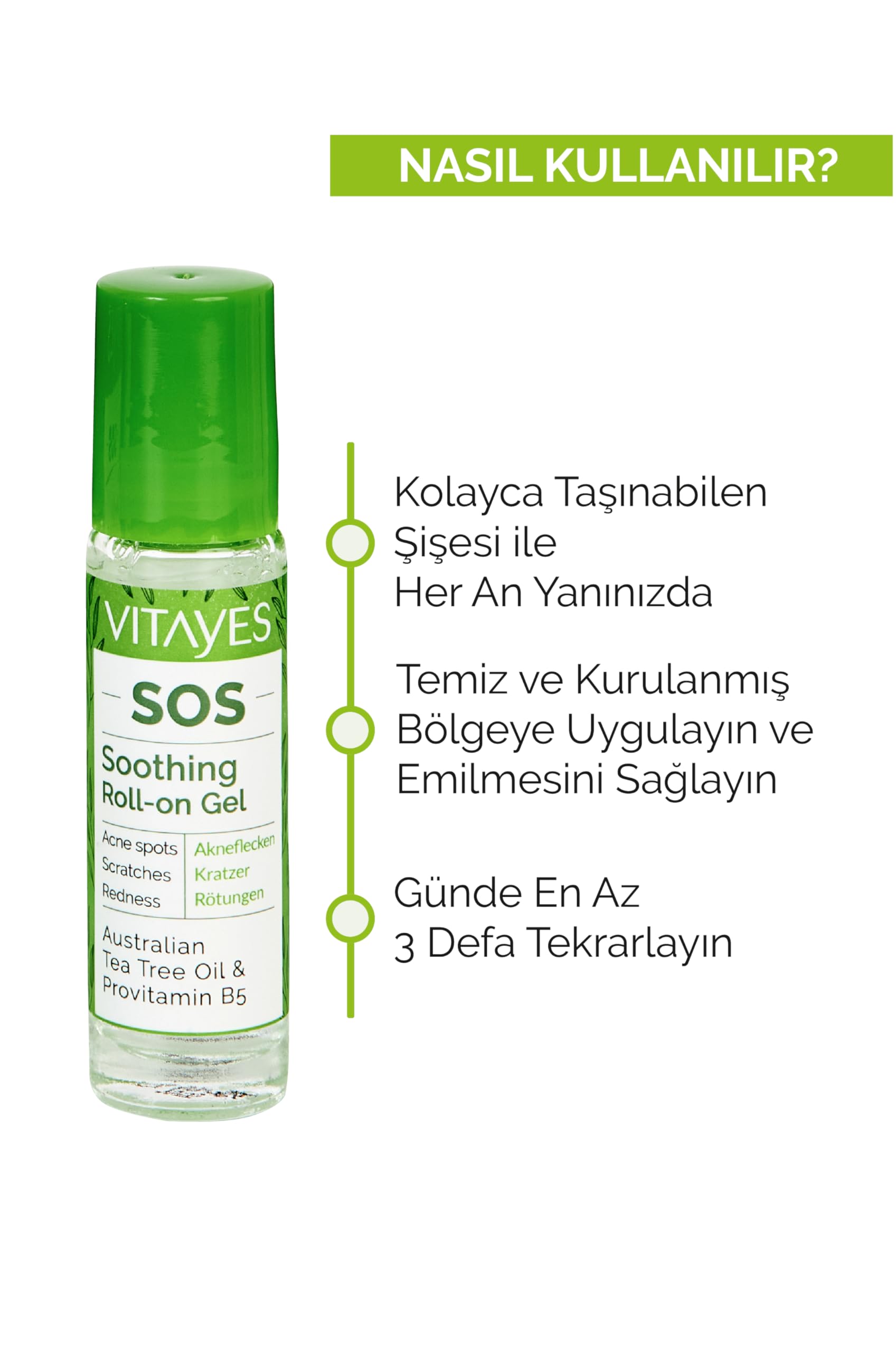 Vitayes SOS BIO Huile essentielle d'arbre à thé 3 x 10 ml – Huile essentielle contre les boutons, l'acné et les imperfections – Stylo roll-on avec vitamine B5 – Végétalien et sans cruauté envers les
