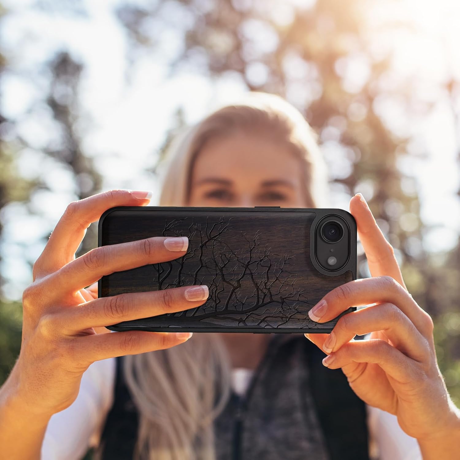 Carveit Magnetic Wooden Case for iPhone 16e / 17e, Solid Wood & TPU, Artisan Engraved Design, Shockproof Cover, Compatible with MagSafe Wireless Chargers, Eternal Tree - Blackwood