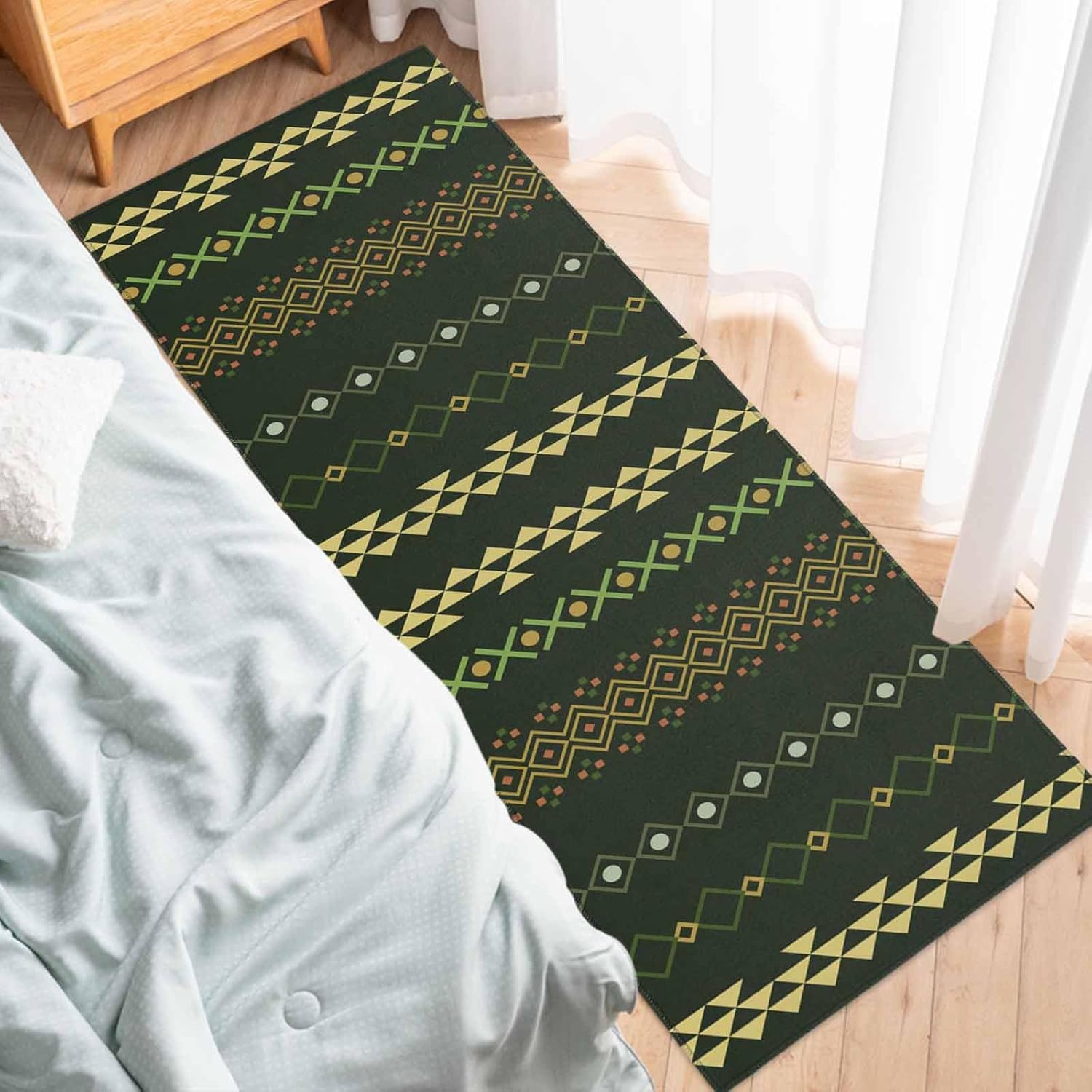 Kitchen Mats for Floor Traditional Geometric Pattern Washable Non Slip Kitchen Rugs 1PCS, Boho Ethnic Stripe on Dark Green Absorbent Standing Mats for Sink Bathroom Office Living Room 23.6x70.9in