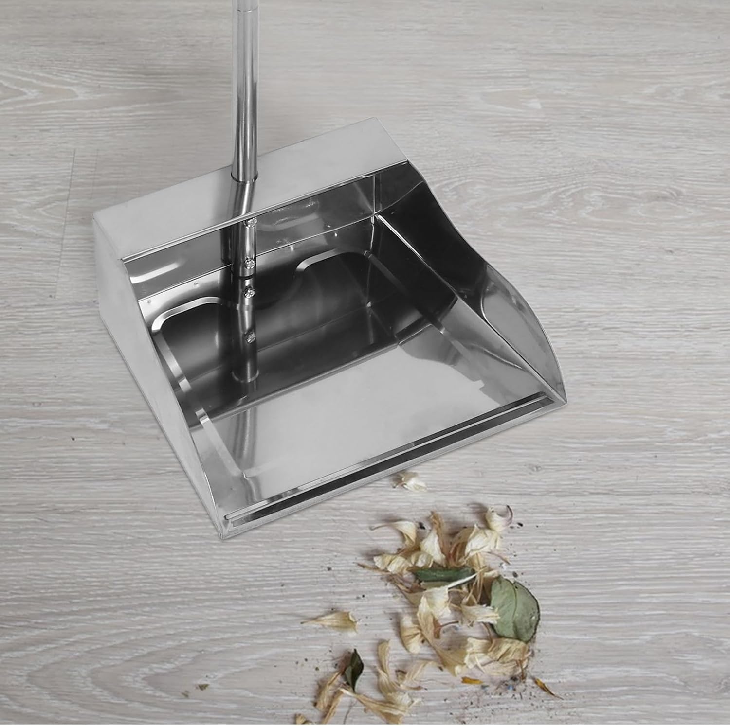 Heavy Duty Stainless Steel Dustpan with Long Ergonomic Handle Large Capacity Upright Dust Pan for Indoor Floor Debris Cleaning and Household Use