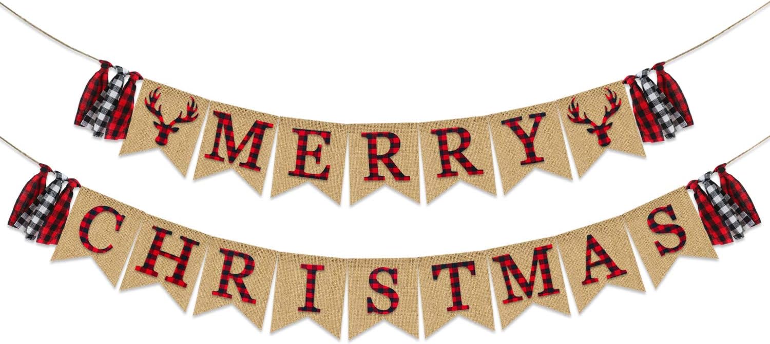Merry Christmas Banner Burlap | Christmas Decorations | Vintage Christmas Banner for Mantle Fireplace | Black Red Plaid Letters Banner | Xmas Party Supplies Decorations | Holiday Decor