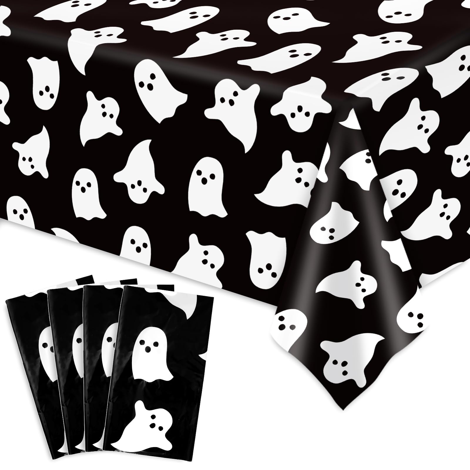 JarThenaAMCS 4Pcs Halloween Plastic Tablecloths White Black Ghost Disposable Table Cover Spooky Rectangle Table Cloth for Halloween Party Decor, 54 x
