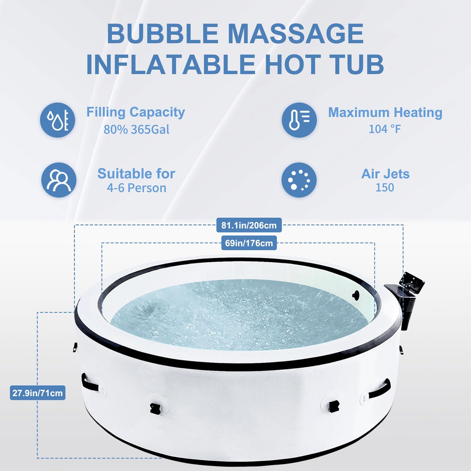 SPA Inflable Grande Y Portátil, Redondo, para 4-6 Personas, para Exteriores, con 150 Chorros De Aire, Bomba De Calefacción Y Cubierta Aislante, 205 X 71 Cm, para Patio, Jardín Y Exteriores