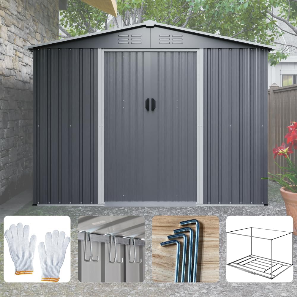 Metal Tool Storage Shed with Reinforced Foundation and Lockable Doors for Outdoor Garden or Backyard Use