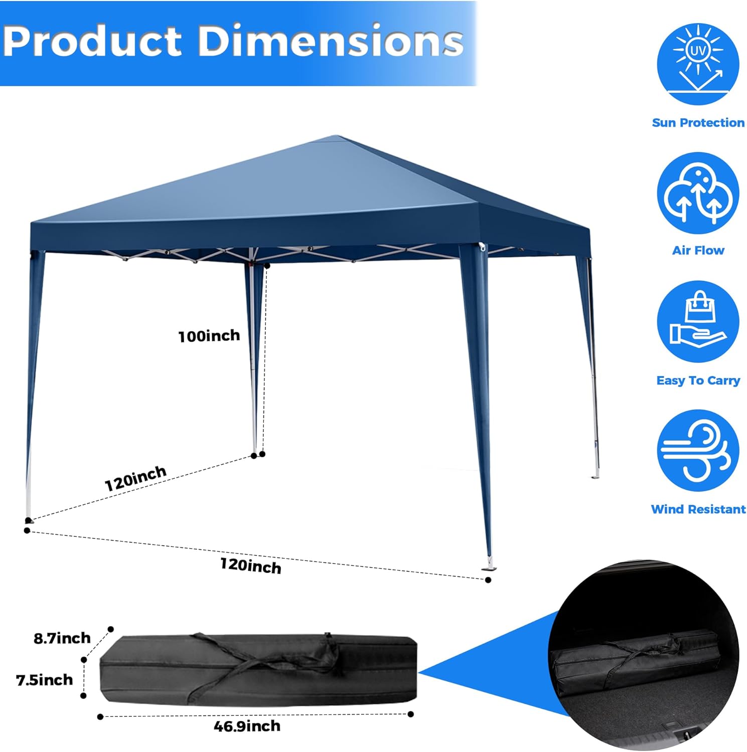 10X10FT Blue Pop Up Party Tent, Outdoor Heavy Duty Party Tent with 4 Removable Sidewalls and Carrying Bag, Portable Gazebos Shelter Sun Shade for Events, Party, Wedding, BBQ, Backyard