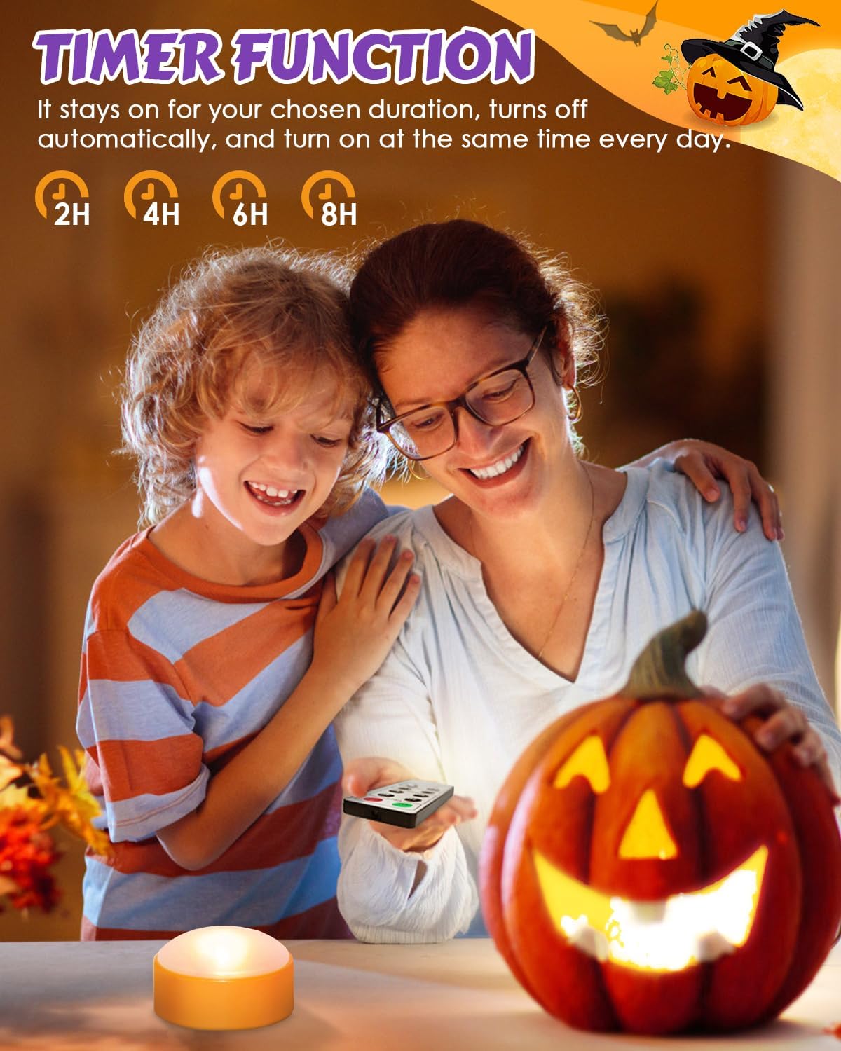 Luditek 4-Pack Halloween LED Pumpkin Lights for Inside Pumpkin w/Remote Timer, Battery Operated Flameless Candles Light with 7 PCS Carving Kit Tools and 10 Stencils, Orange Jack-O-Lantern Decorations