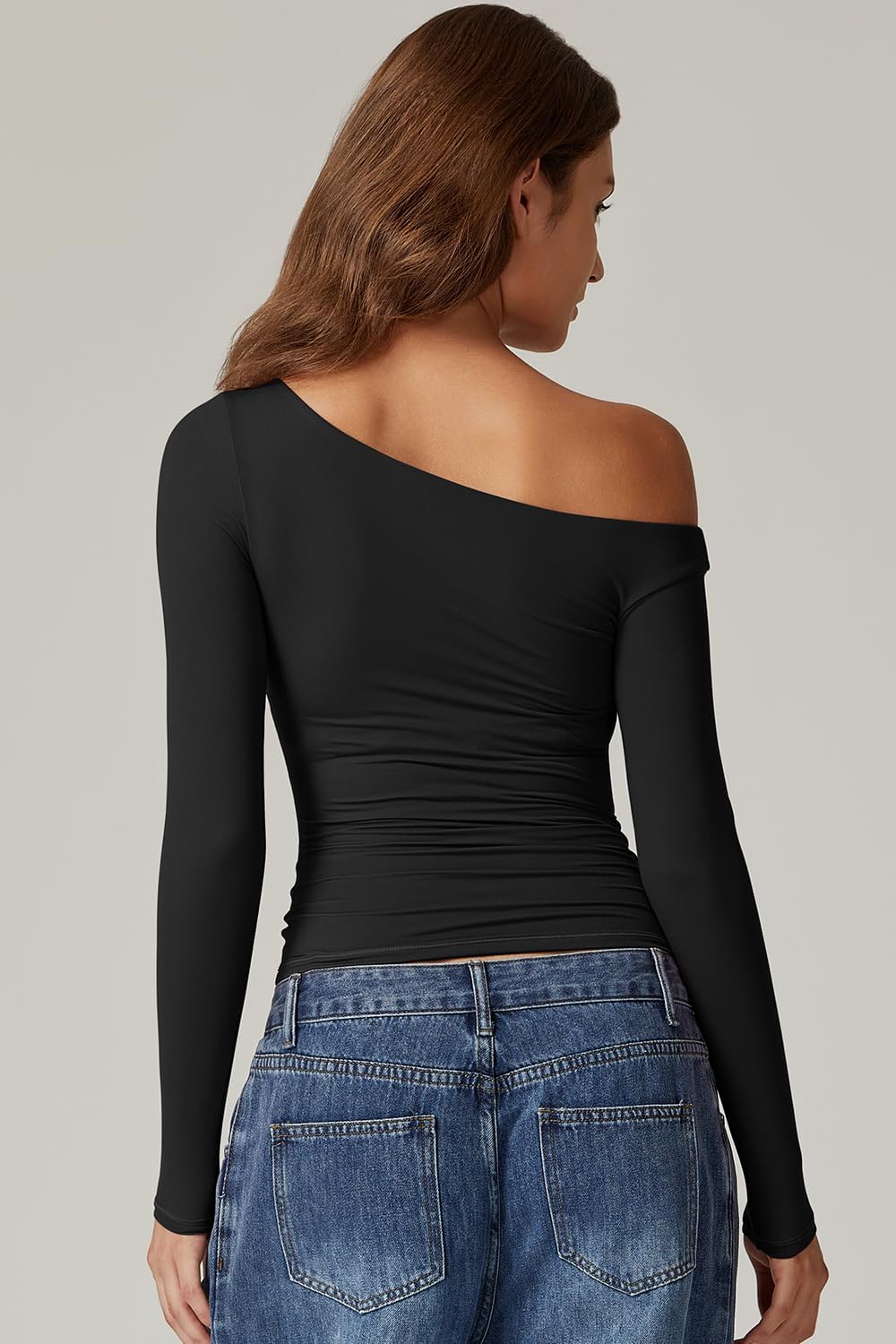 QINSEN Women's Sexy Off Shoulder Shirt Long Sleeve Double Lined Tops Side Ruched Fitted Tees - Image 2