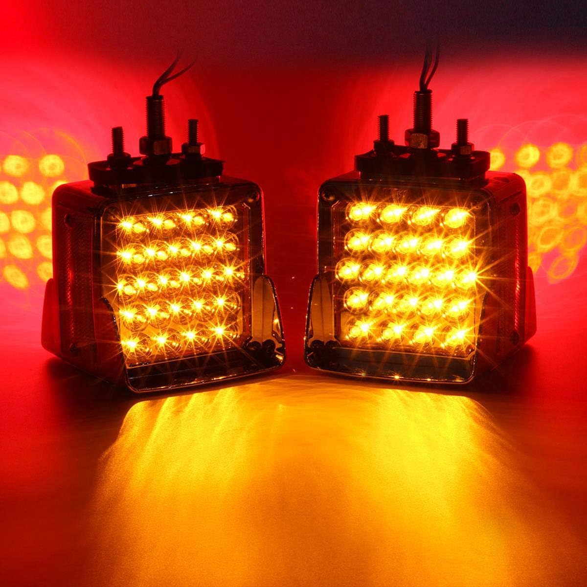 2Pack Double Face Square LED Fender Pedestal Lights Amber/Red 52 LED 3 Studs Mount Truck Trailer Stop Tail Turn Signal Lights Chrome Visor Waterproof w/Side Reflex Clear Lens