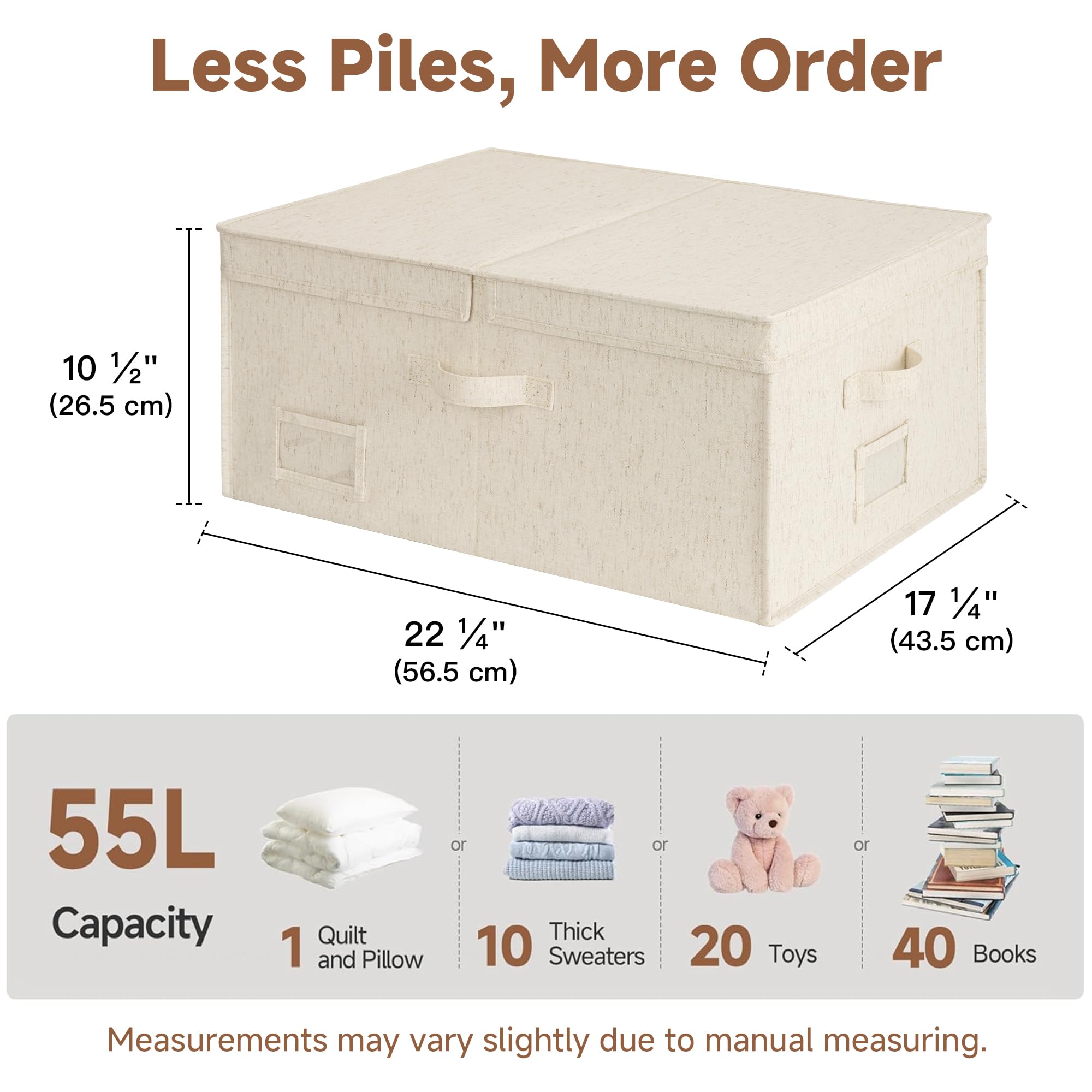 StorageWorks Scomparti extra grandi con coperchi, organizer decorativo da 55 l, con divisorio, scatole in tessuto con manici, beige, confezione da 2