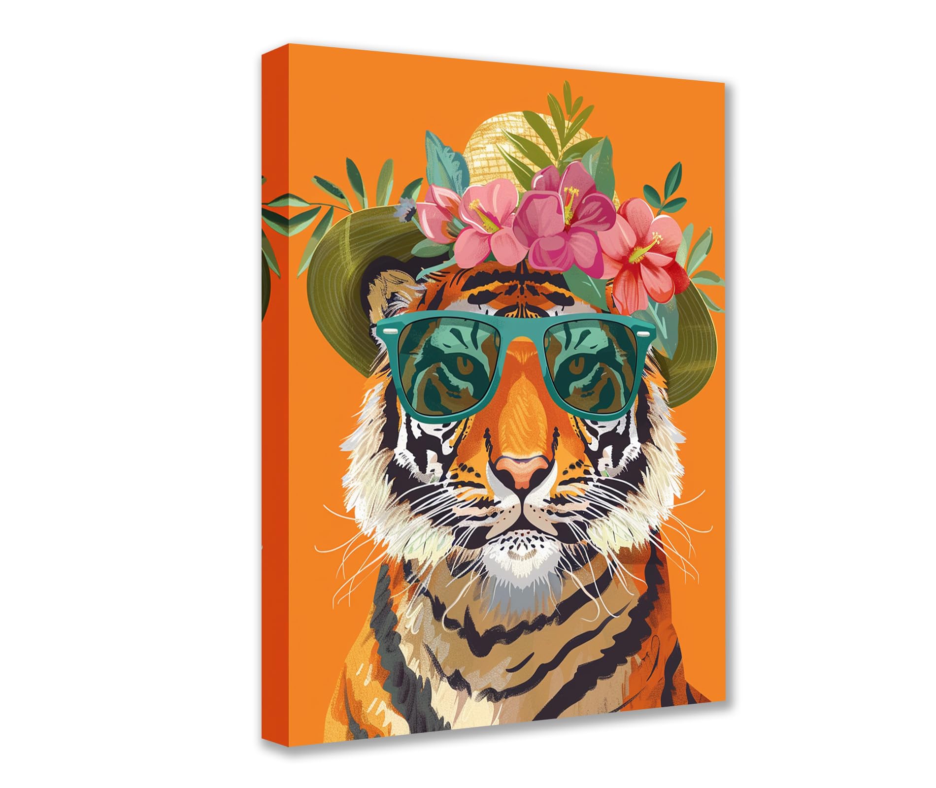 Cute Animal Poster Prints Artwork Tiger Wear Shades and Flowers Straw Hat 1P Canvas Room Wall Creative Pictures Home Decor for Living Room Framed Gallery-Wrapped Ready to Hang 12x16inch