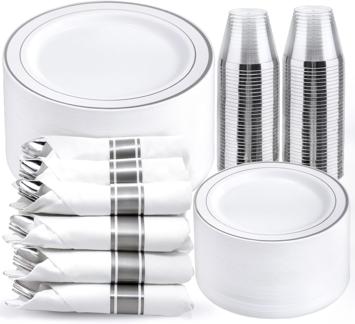 WELLIFE 350Pcs Silver Plastic Plates for 50 Guests - Disposable Dinnerware Set, Party Supplies Includes 100 Silver plates,150 Silverware,50 Napkins,50 Cups,Plastic Plates Disposable Silver 350PCS
