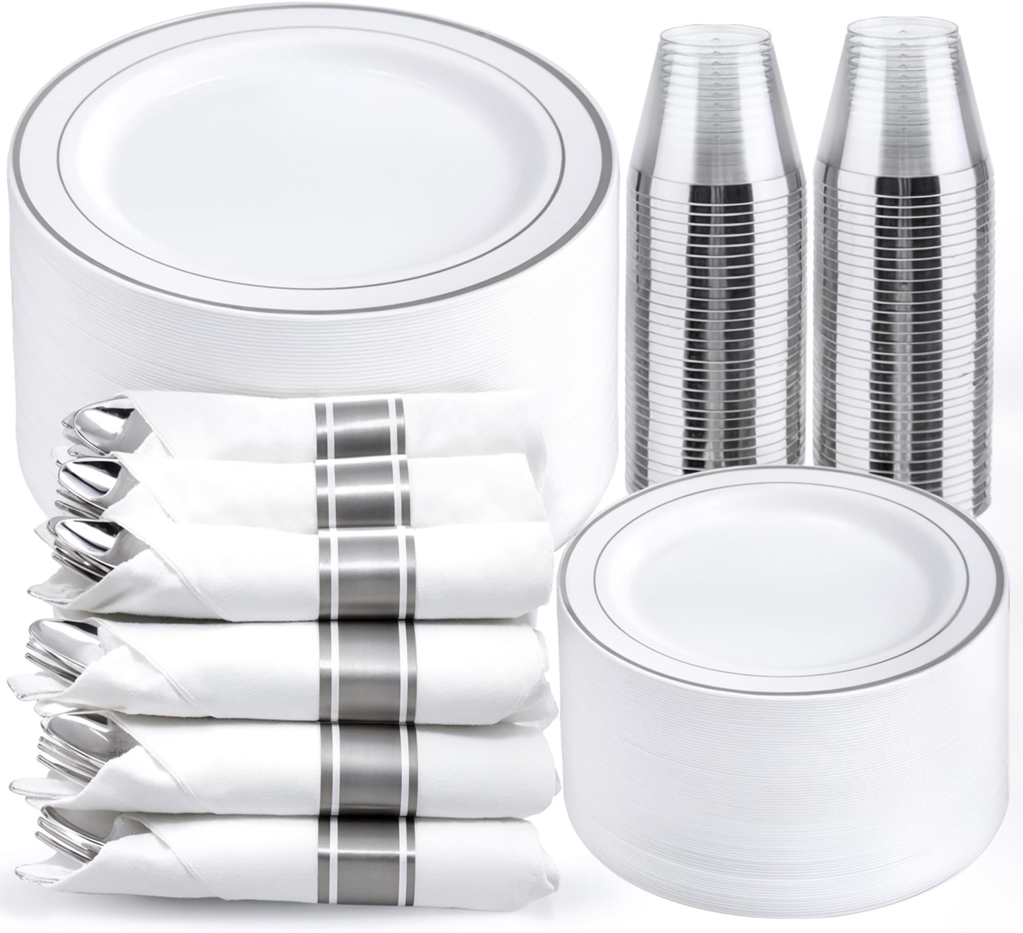 WELLIFE 350Pcs Silver Plastic Plates for 50 Guests - Disposable Dinnerware Set, Party Supplies Includes 100 Silver plates,150 Silverware,50 Napkins,50 Cups, Plastic Plates for Party and Wedding