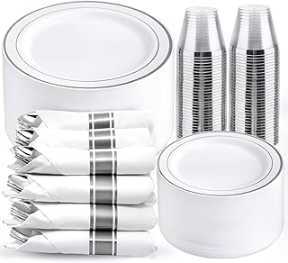 WELLIFE 350Pcs Silver Plastic Plates for 50 Guests - Disposable Dinnerware Set, Party Supplies Includes 100 Silver plates,150 Silverware,50 Napkins,50 Cups,Plastic Plates Disposable