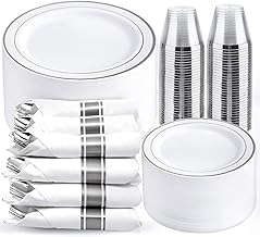 WELLIFE 350Pcs Silver Plastic Plates for 50 Guests - Disposable Dinnerware Set, Party Supplies Includes 100 Silver plates,150 Silverware,50 Napkins,50 Cups, Plastic Plates for Party and Wedding