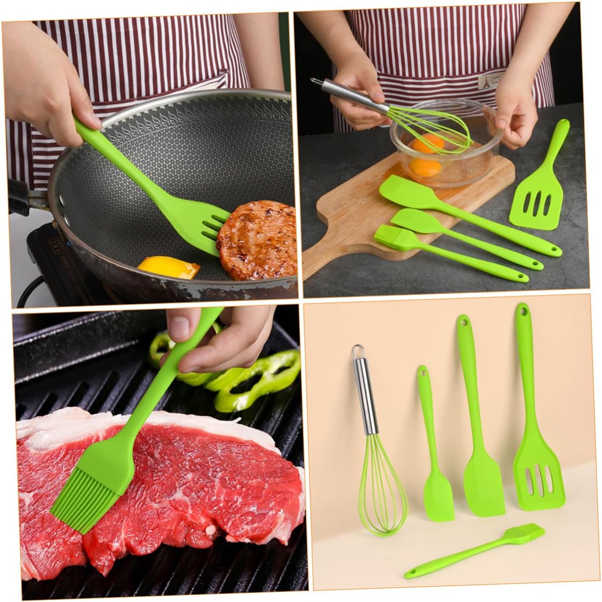 5pcs Silicone Baking Tool Set with Stainless Steel Handles Heat Resistant Kitchen Utensils Including Whisk Shovel Brush and Scrapers for Cooking and Baking Green