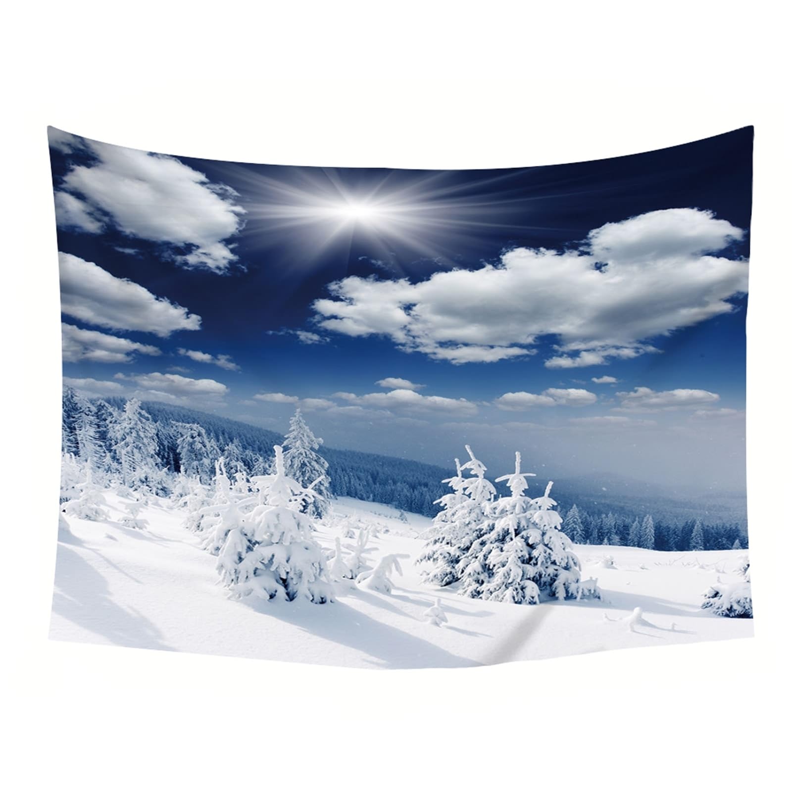 KnSam Wandteppiche, Sonnenschein Himmel Schnee Wald Wandteppich Landschaft Natur Tapisserie Wandbehang XXL Polyester Wanddekoration mit Art Nature Dekorationen, Blau Weiß, 350x256cm
