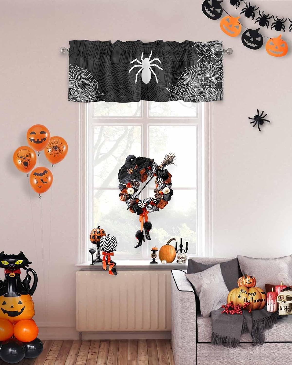 Kitchen Cafe Valance Curtain for Small Windows,Halloween Spiders Spiderweb Texture Rod Pocket Short Blackout Curtains,Black White Darkening Window Treatment for Living Room Bedroom Bathroom