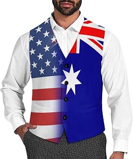 United States Australia Flag Casual Suit Vest for Men Formal Business Dress Regular Fit Waistcoat Tuxedo