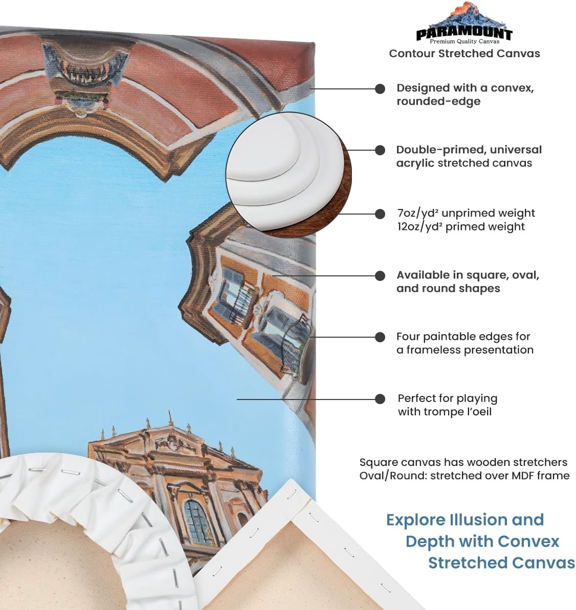 Paramount Contour Convex Profile Stretched Canvas, 11x14 Oval Canvas, 5 Pack, 3/4" Deep - Double Primed for Oil, Acrylic, and Mixed Media Art - 100% Cotton Duck Medium Texture