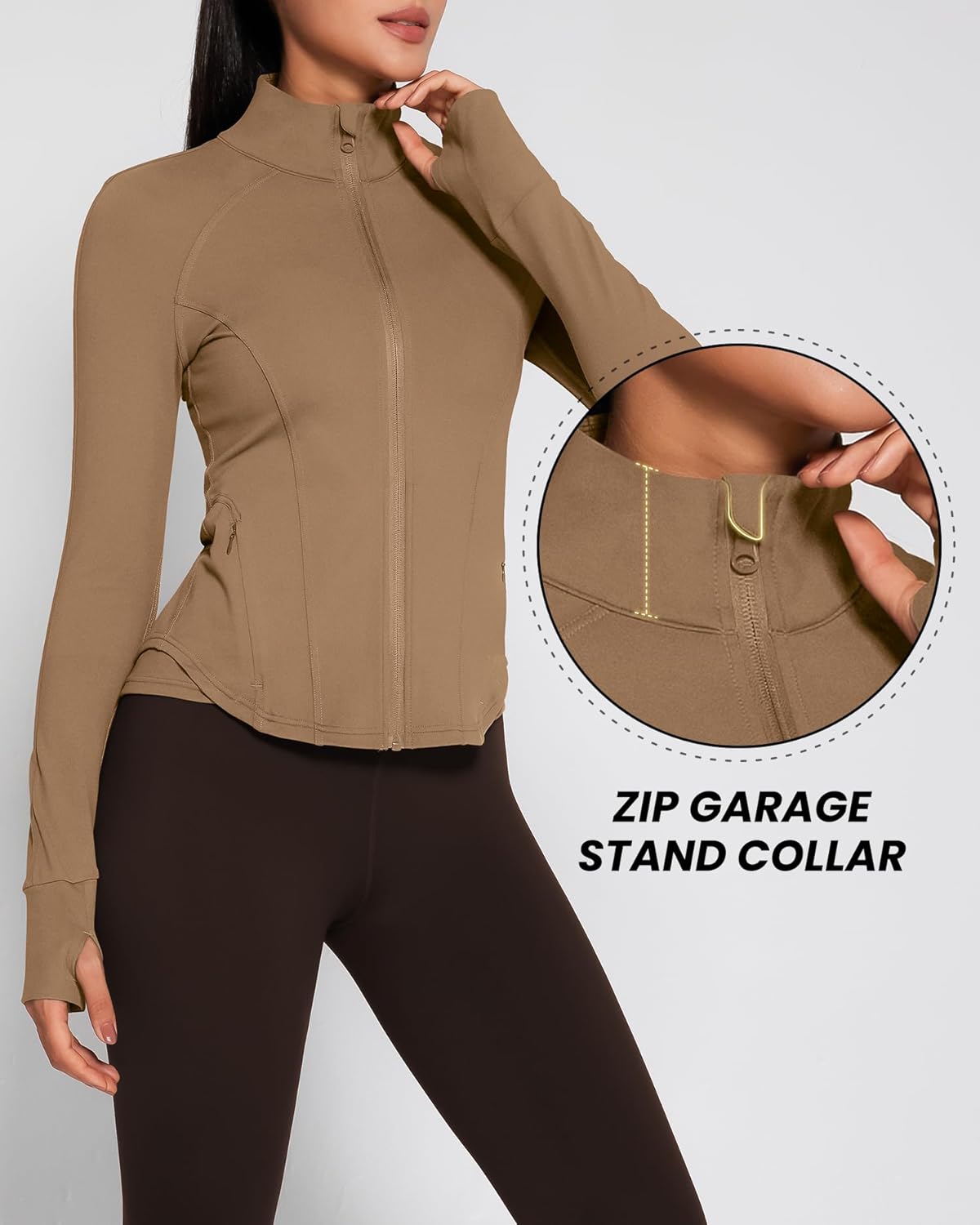 AVGO Women's Zip Up Workout Jacket Lightweght Gym Sweaters Sports Yoga Athetic Jacket with Thumb Holes(Cream Coffee, M) - Image 4