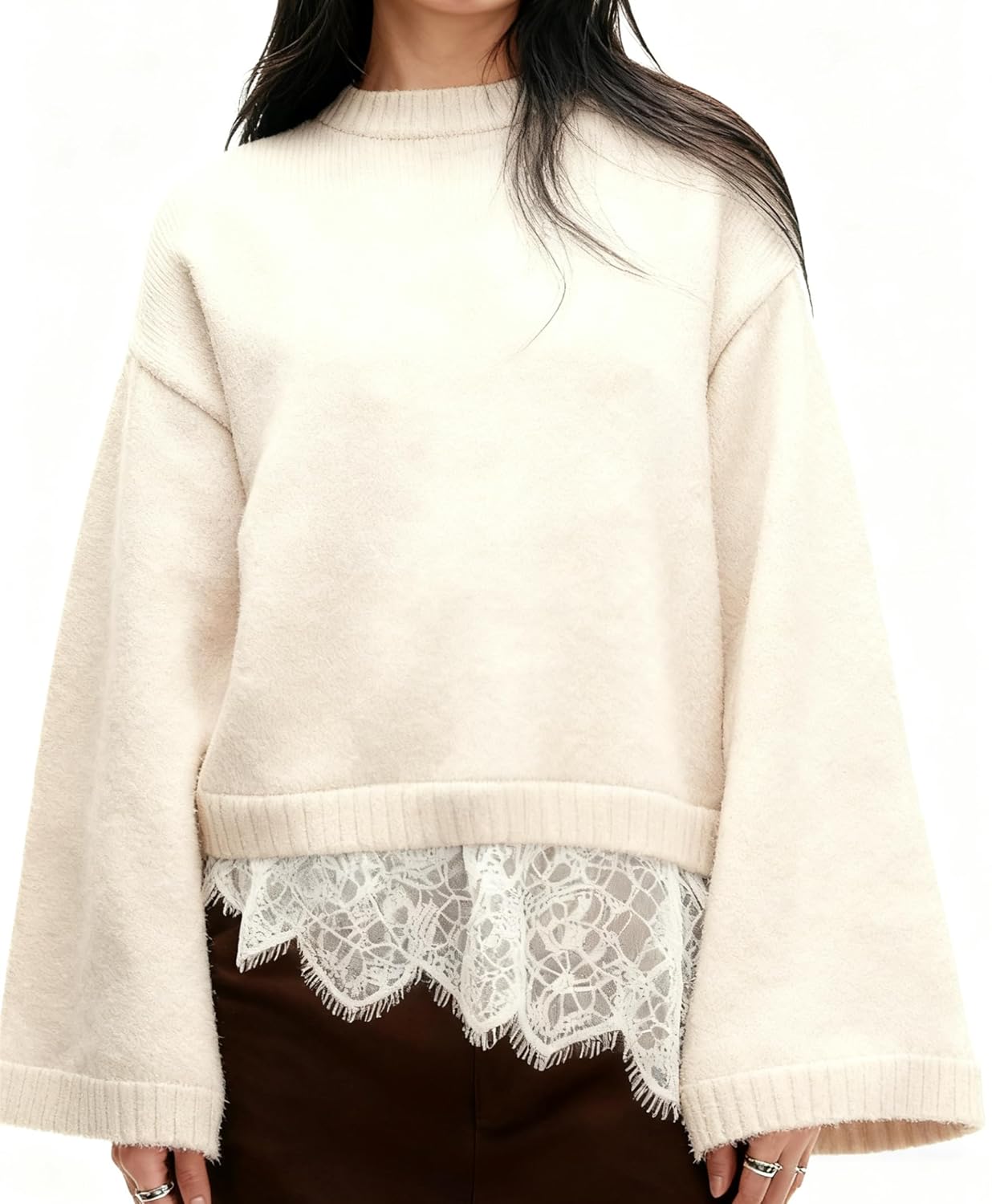 Lace Hem Oversized Sweater Women Long Sleeve Jumper Top Chunky Loose Crewneck Y2k Fall Going Out Pullover Knitwear