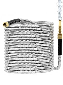 SPECILITE 75ft 304 Stainless Steel Garden Hose with Adjustable Brass Nozzle, Heavy Duty Metal Water Hose, Lightweight & Puncture-proof, Flexible Water Pipe with 3/4" Brass Connectors for Yard, Outdoor