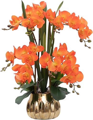 CXGS - Flores de orquídea artificiales, toque real, orquídeas sintéticas en jarrón de cerámica, grandes, flores falsas de 58,2 cm, color naranja,