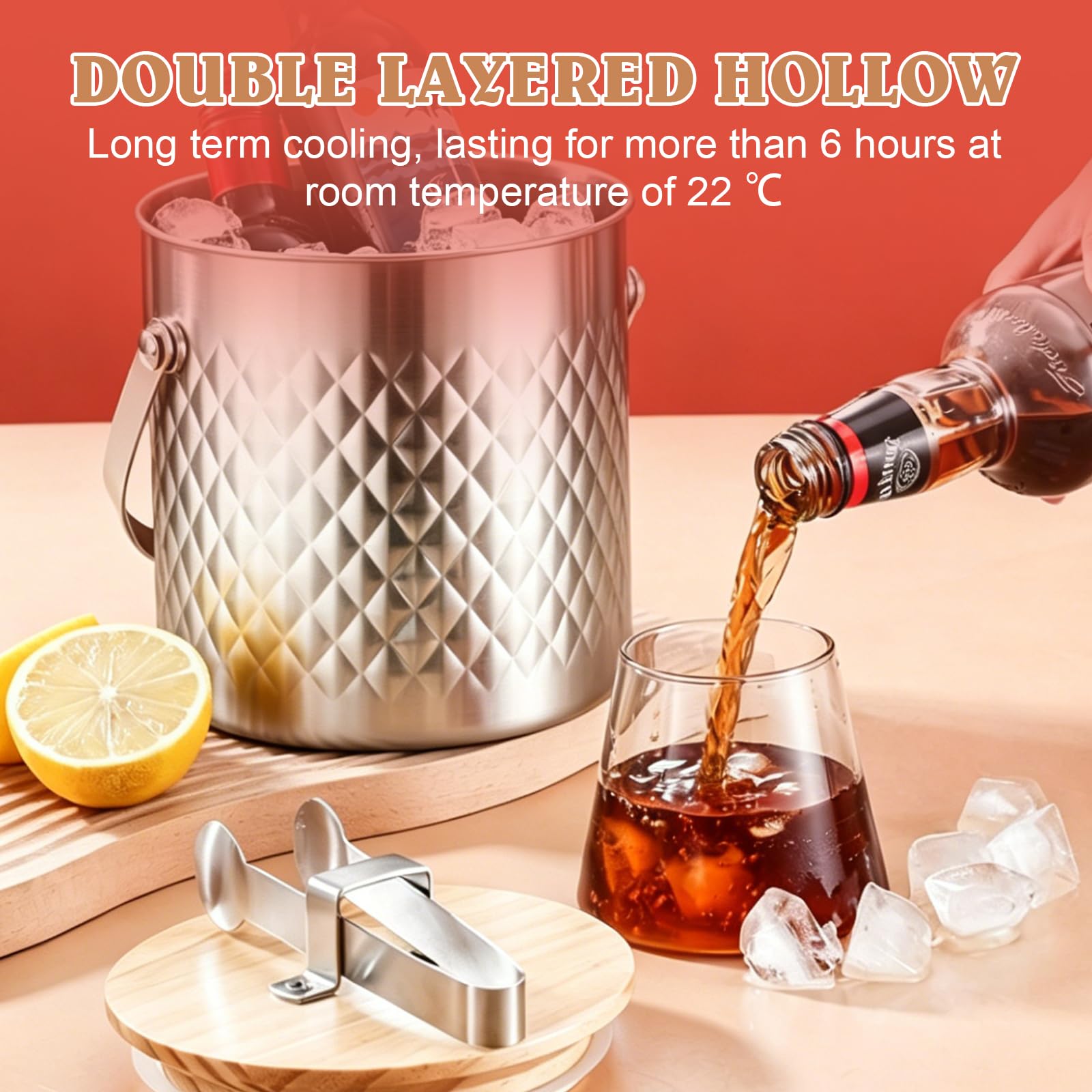Edelstahl Eiskübel, 3L, 19×19×18cm Doppelwandiger Eiskübel, Eiswürfelbehälter mit Deckel und Zange, Eiskübel mit Zange für Bar, Party und Zuhause, Bier Champagner Wein und Obst, Silber