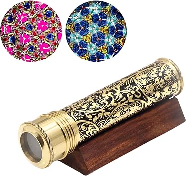 Handmade Brass Kaleidoscope for Adults Explore Endless Colour with Lampworking Glass Beads with Wooden Display Stand and Dry Object Chamber- A Unique Gift for Husband